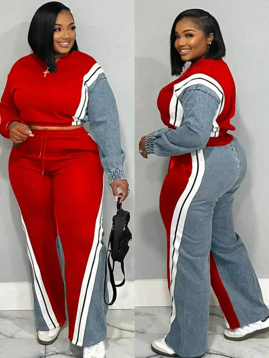 BWQ Women's Denim Patchwork Co-Ord Set - Matching Jeans Set With Color Block Design | Long Sleeve Tracksuit & Contrast Stitching