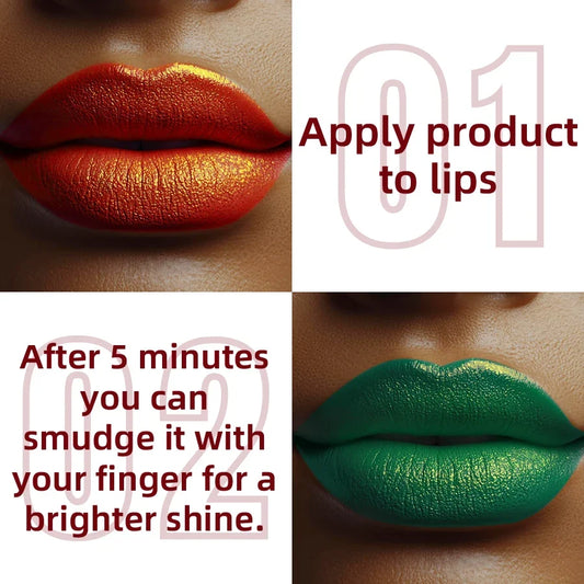 Shiny metallic glitter lip gloss by Blushimmer with pearlescent finish, bold and intense waterproof long-lasting lip tint in a matte look.