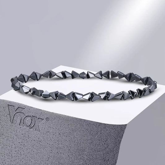 Vnox Stylish Black Triangle Beads Bracelets for Men Women, Stretch Unisex Gallstone Handmade Hematite Wristband Jewelry