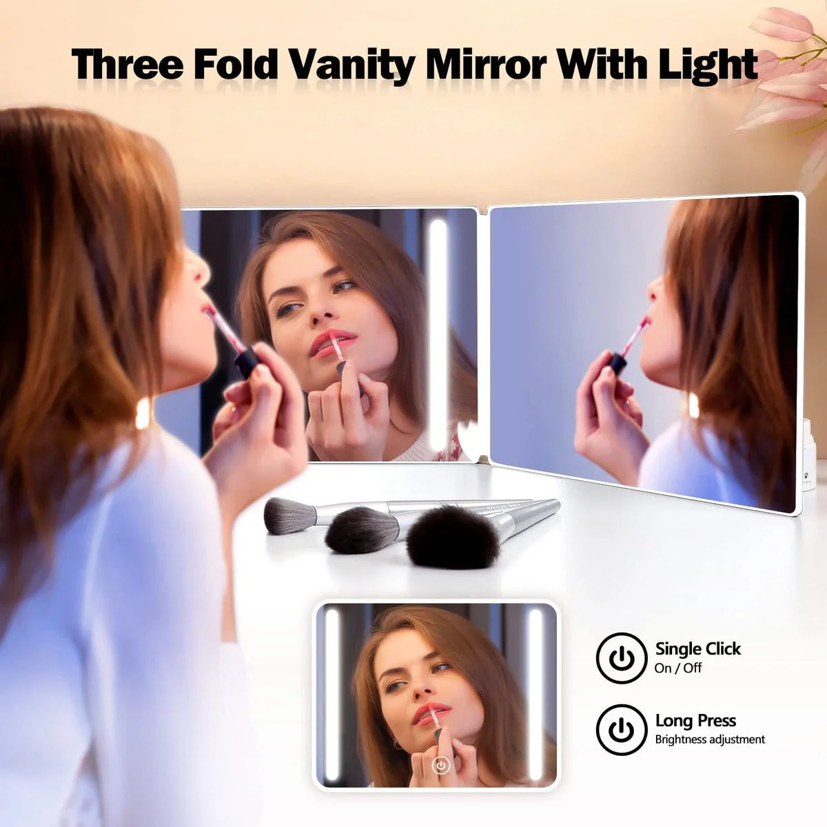 Blushimmer 3-way LED makeup mirror with lights, adjustable hooks, and 360° rotation for self hair cutting and grooming.