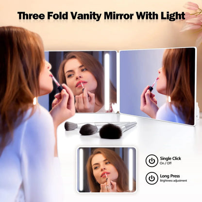 Blushimmer 3-way LED makeup mirror with lights, adjustable hooks, and 360° rotation for self hair cutting and grooming.