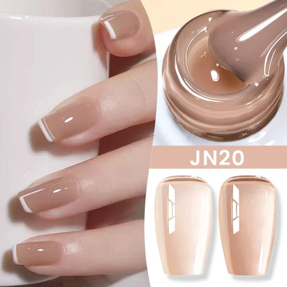Blushimmer Born Pretty Jelly Nude gel nail polish in light pink peach, translucent UV cure gel for nail art at home.