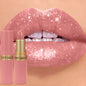 Blushimmer chocolate brown metallic glitter lipstick with shimmery pearl finish, long-lasting, waterproof, and non-fade lip gloss makeup.