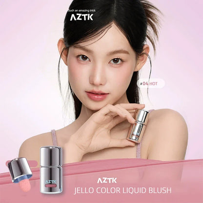 Blushimmer AZTK liquid blush in JC04 with a smooth, moisturizing formula applied to cheeks for a natural, long-lasting glow.