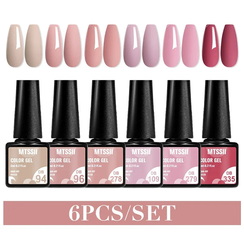 Blushimmer MTSSII 6-piece set of sparkly red gel nail polish bottles with shiny finish, ideal for LED UV nail art and manicure supplies.