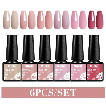 Blushimmer MTSSII 6-piece set of sparkly red gel nail polish bottles with shiny finish, ideal for LED UV nail art and manicure supplies.