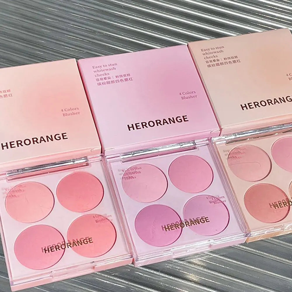 Blushimmer 4-color blush powder set with warm, matte cheek shades for facial beauty and makeup application.
