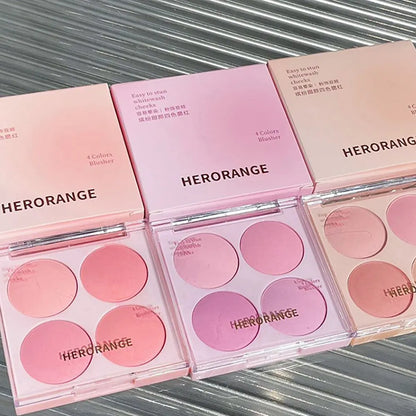 Blushimmer 4-color blush powder set with warm, matte cheek shades for facial beauty and makeup application.