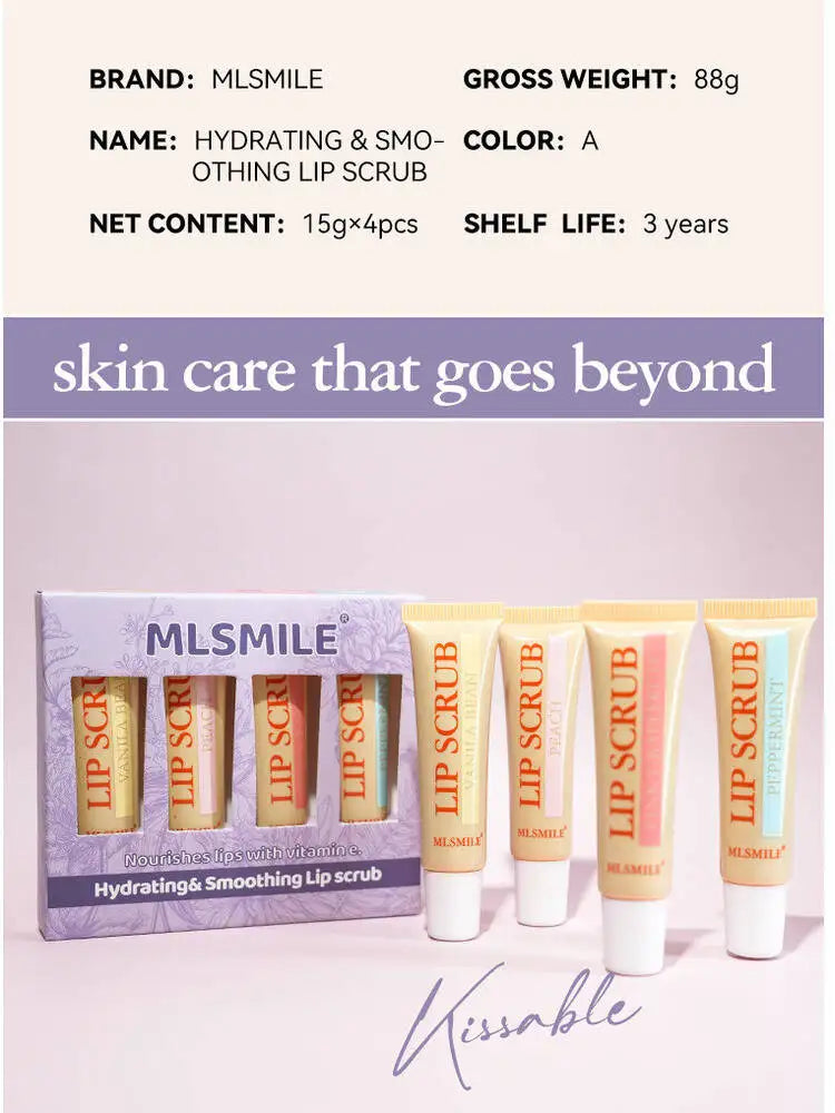 Blushimmer MLSMILE exfoliating scrub set with dead skin remover and lightening lip balm in a 4-pack, new 2025 edition.
