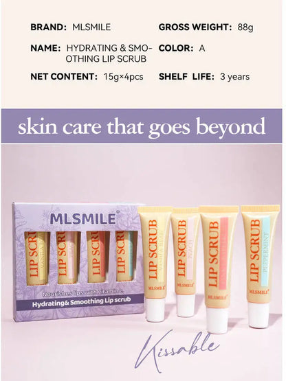 Blushimmer MLSMILE exfoliating scrub set with dead skin remover and lightening lip balm in a 4-pack, new 2025 edition.