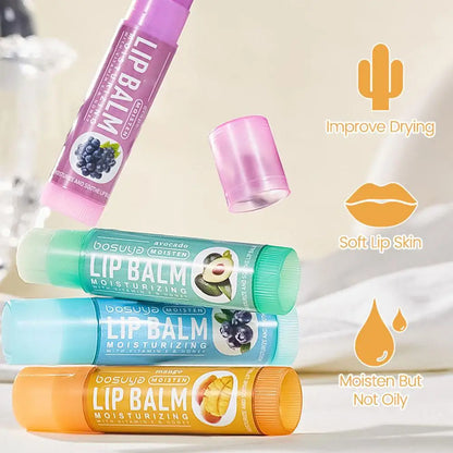 Assorted fruit flavor lip balm set by Blushimmer with six colorful tubes, hydrating and nourishing for dry lips.