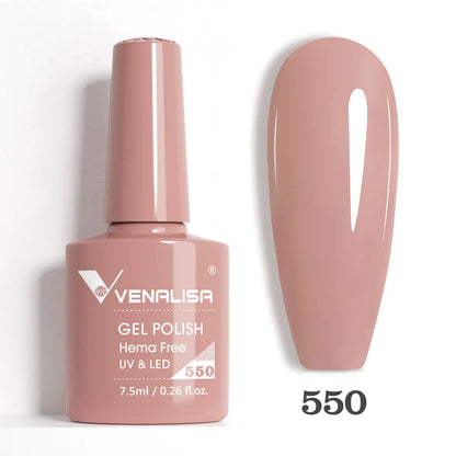 Blushimmer Venalisa HEMA TPO free nail gel polish with glitter, showcasing a full coverage pink nude French manicure on nails.