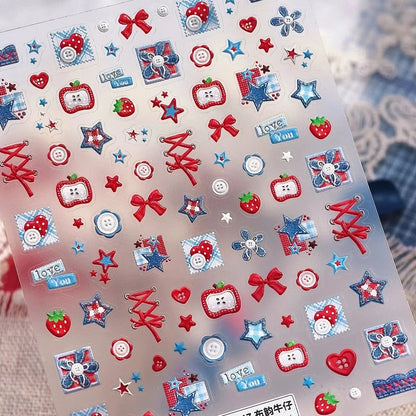 Cute red cherry bowknot 5D nail art stickers with shiny rhinestones, perfect for DIY manicure, by Blushimmer.