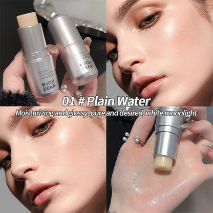 Blushimmer highlighter stick with pearlescent finish, brightens and contours eyes for a natural, radiant glow in the image.