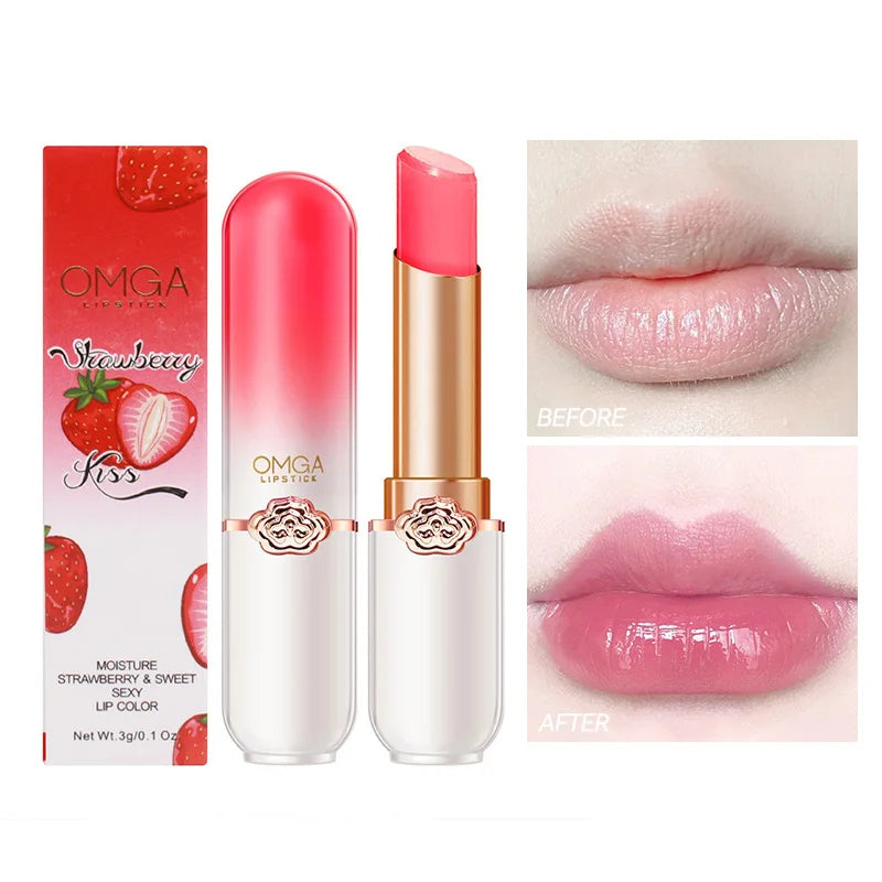 Blushimmer OMGA color-changing lip balm in peach flavor with moisturizing, waterproof, temperature-sensitive jelly lipstick on smooth lips