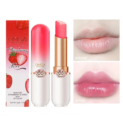 Blushimmer OMGA color-changing lip balm in peach flavor with moisturizing, waterproof, temperature-sensitive jelly lipstick on smooth lips
