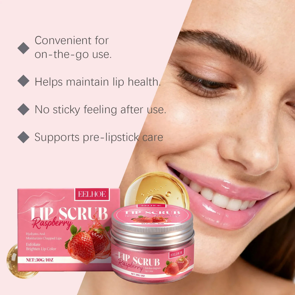 Blushimmer EELHOE Strawberry lip scrub with exfoliating and moisturizing properties, featuring fresh strawberry ingredients for smooth lips.