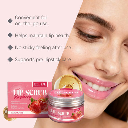 Blushimmer EELHOE Strawberry lip scrub with exfoliating and moisturizing properties, featuring fresh strawberry ingredients for smooth lips.
