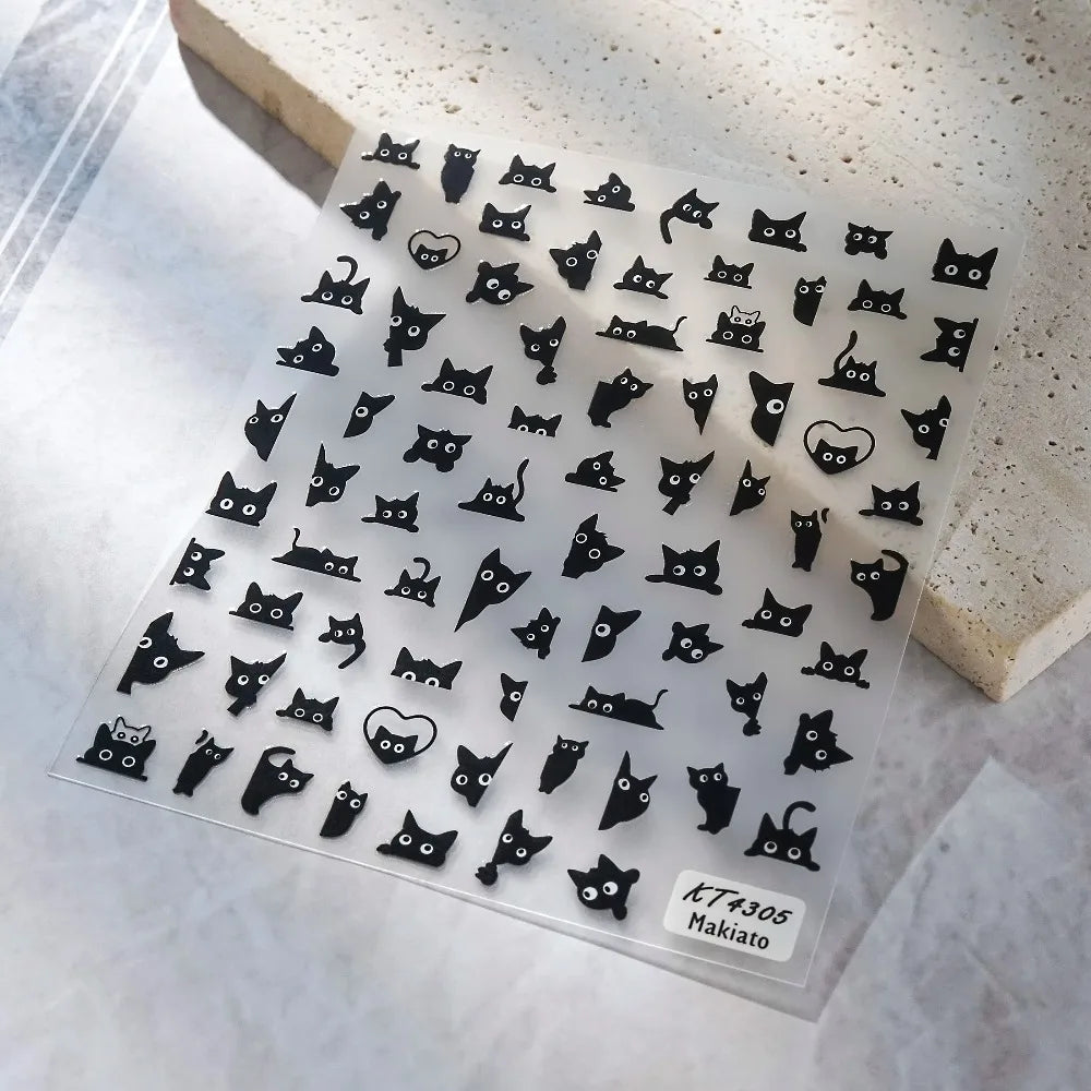 Black cat 3D self-adhesive nail art decals by Blushimmer, featuring cute cartoon animal nail stickers for manicure decoration.