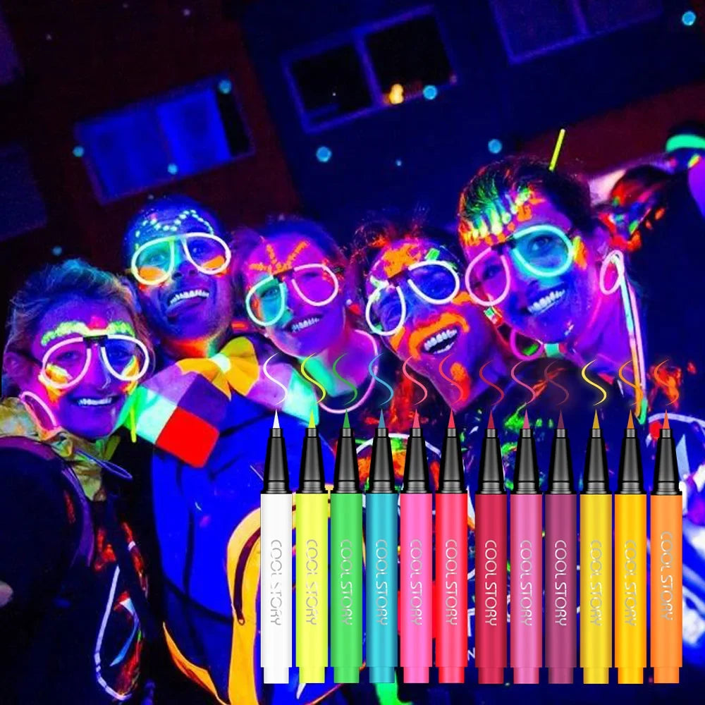 Set of 12 neon liquid eyeliner pencils with fluorescent UV glow for festival makeup, by Blushimmer, featuring vibrant colors and precise tips.