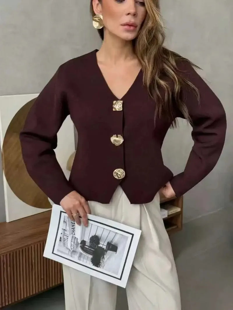 Fashion Simple Commuting Button V-neck Short Knitted Cardigan 2025 New Autumn and Winter Women's Solid Long-sleeved Sweater