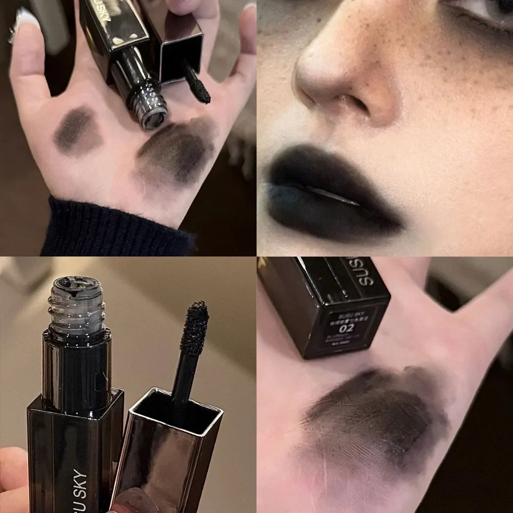 Gothic gray and purple lipstick by Blushimmer featuring velvet matte finish, long-lasting waterproof lip gloss and lip mousse.