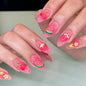 Blushimmer 24-piece wine red almond press-on nails with cartoon rabbit, bowknot, plaid, pearl accents, French style for girls.