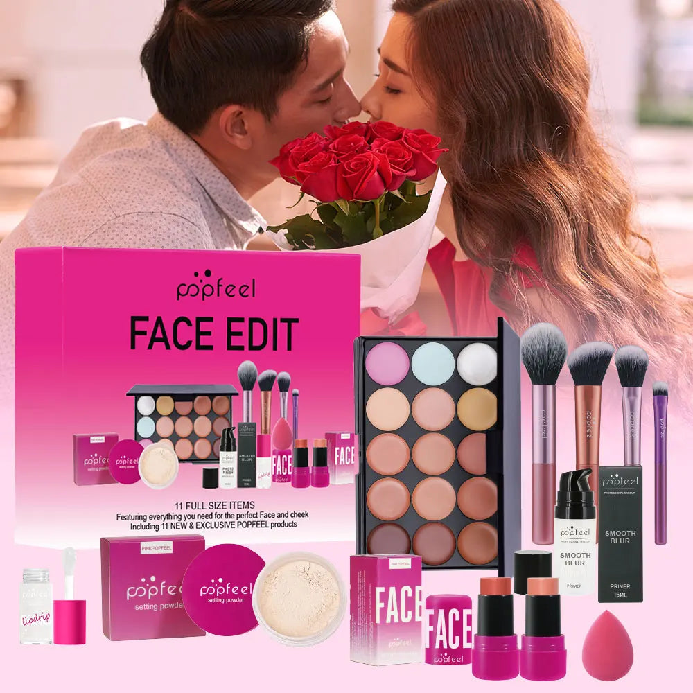 Blushimmer POPFEEL Valentine's Day makeup gift set featuring 11 pieces including concealer, eyeshadow, blush, and brushes.