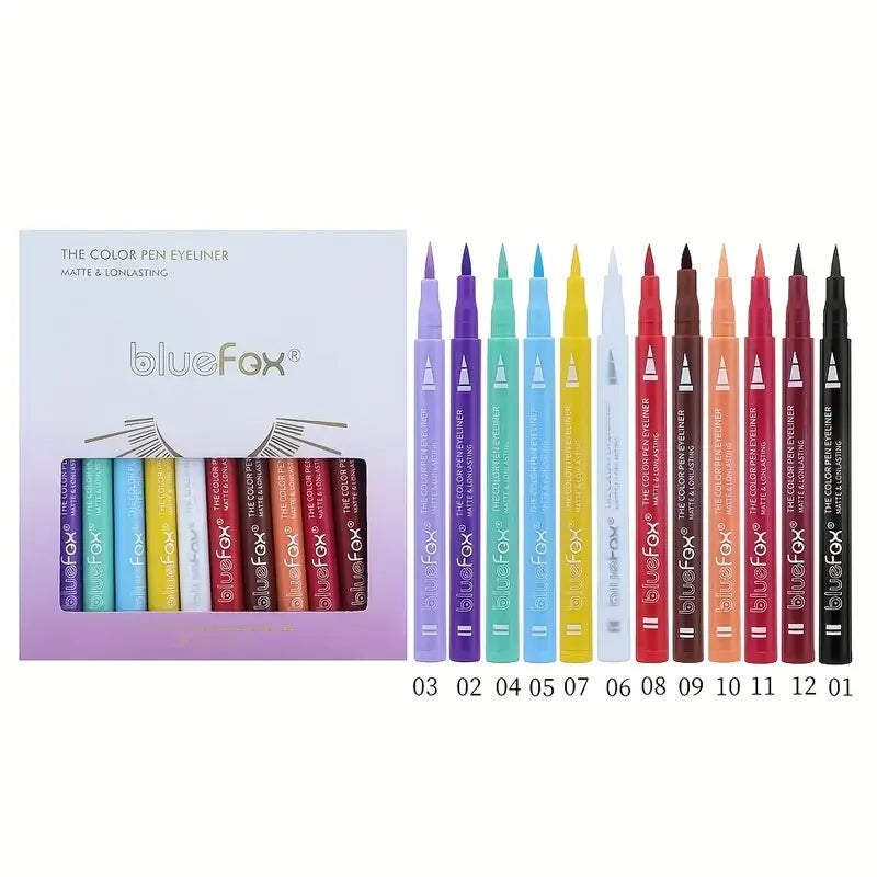 12-color waterproof liquid eyeliner and face paint pen set by Blushimmer, featuring vibrant, easy-to-use makeup and face art tools.
