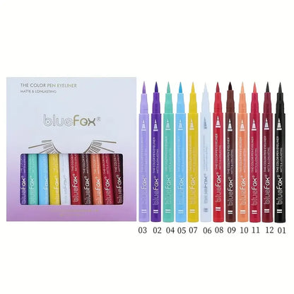 12-color waterproof liquid eyeliner and face paint pen set by Blushimmer, featuring vibrant, easy-to-use makeup and face art tools.