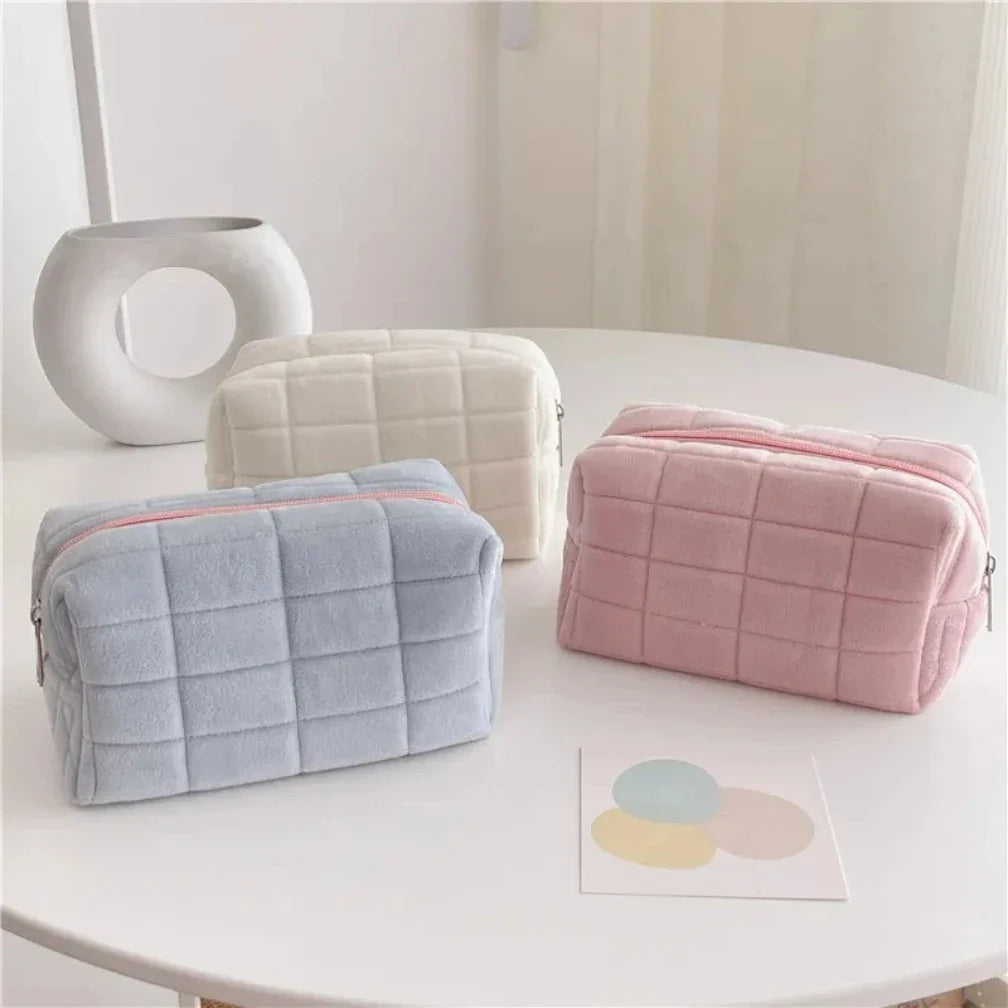 Blushimmer large solid fur cosmetic storage bag with zipper, ideal for makeup, toiletries, or stationery travel organizer.