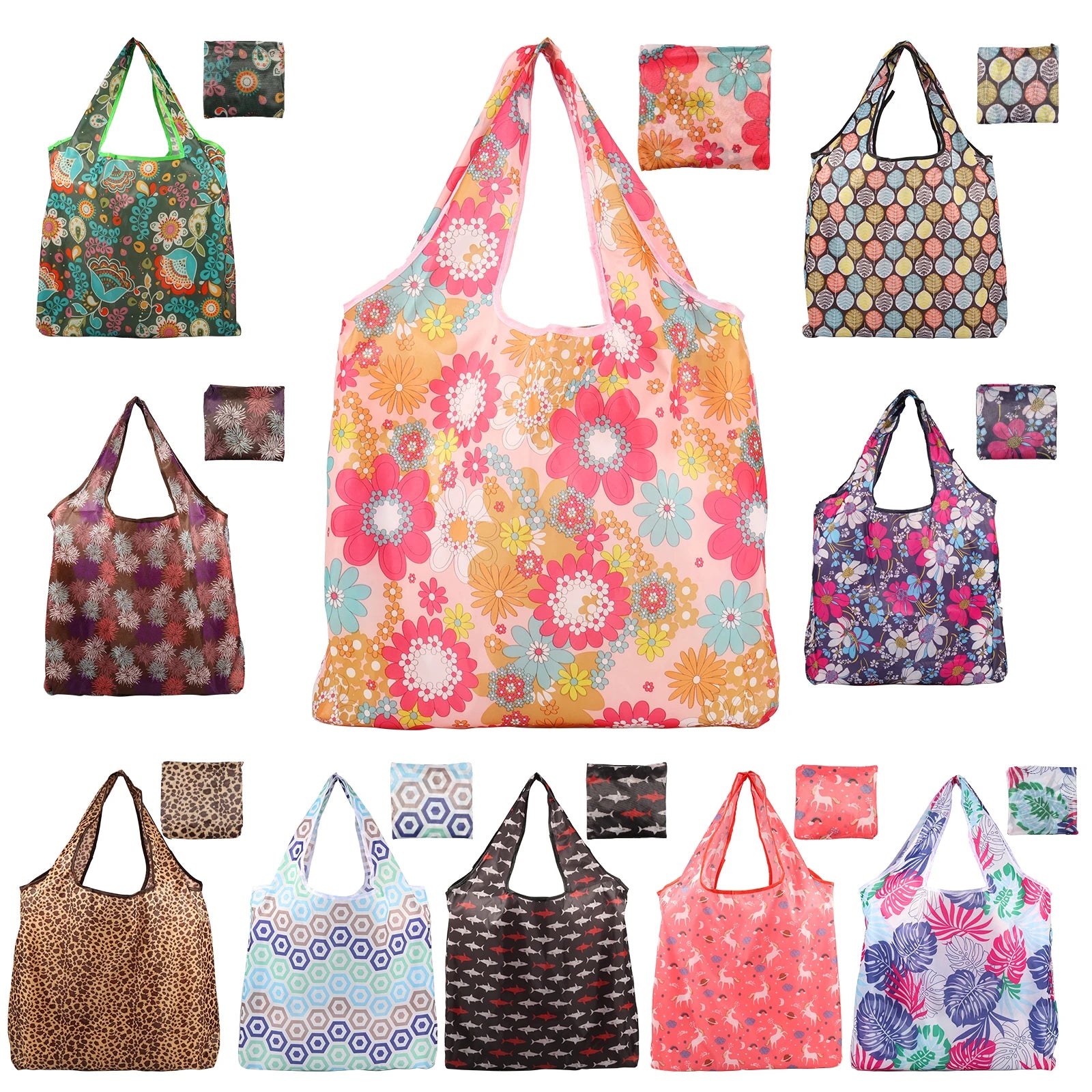 10Pcs Reusable Grocery Bags Polyester Foldable Shopping Bags Large Capacity Grocery Tote Bags Eco-Friendly and Durable Handbag