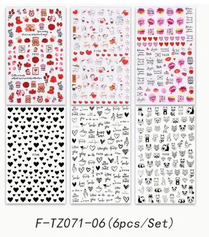 Set of 6PCS Blushimmer 3D Valentine’s Day nail art stickers featuring cute girl cartoon and lover letter designs for phone and nail decoration