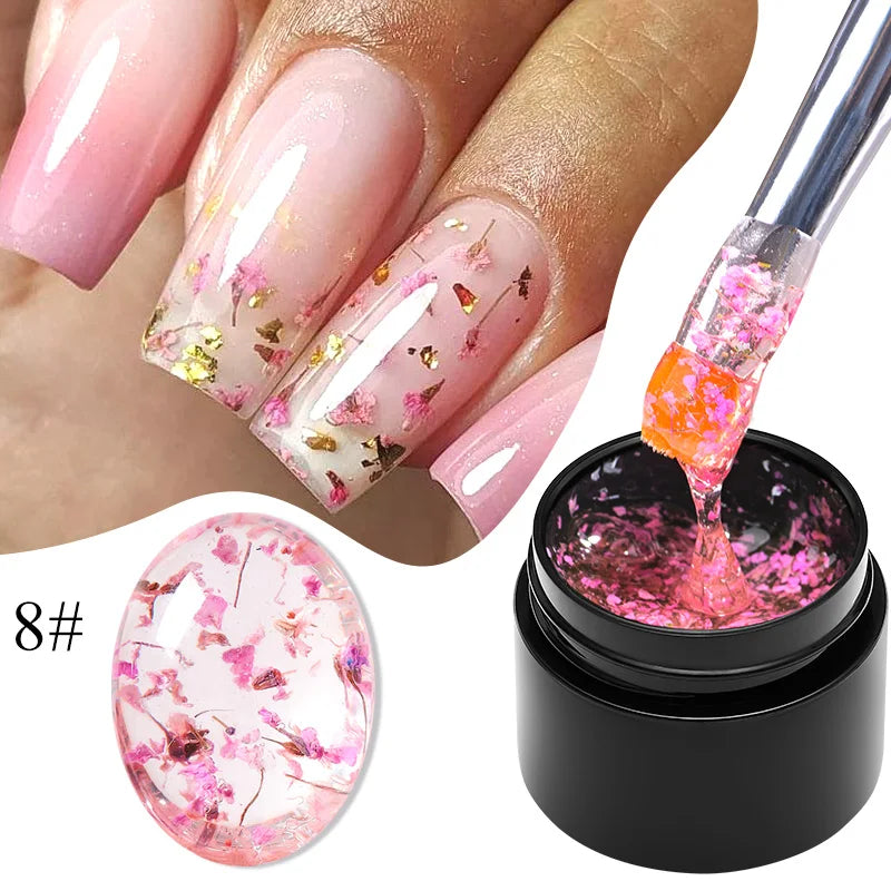 Blushimmer Meet Across pink dried flower gel nail polish with natural flower design for UV LED nail art and soak-off gel nails