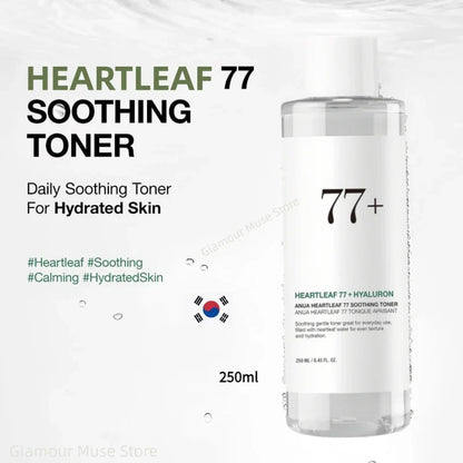 Korean ANUA Heartleaf skincare set by Blushimmer includes acne toner, daily lotion, cleansing foam, and cleansing oil bottles.