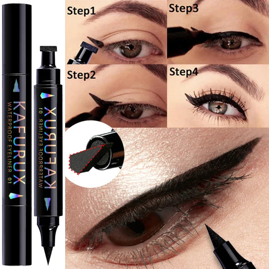 Blushimmer 2-in-1 waterproof eyeliner pen in black, purple, and blue with seal stamp tip for Korean makeup and eye looks.
