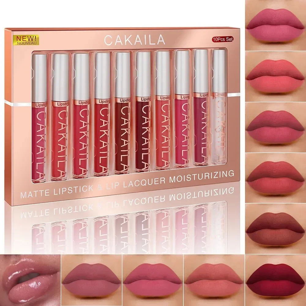 Set of 10 nude matte lip glosses by Blushimmer, featuring long-lasting, waterproof Korean liquid lip tints for women.