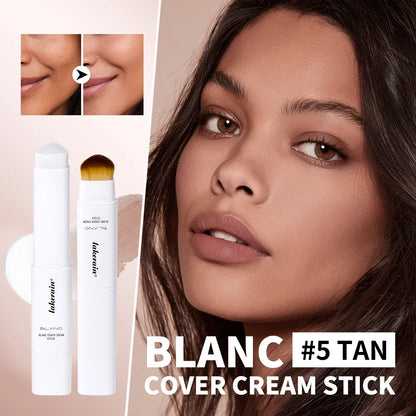 Blushimmer color changing foundation stick with high coverage, waterproof formula, dual-ended design, and brush for base makeup application.