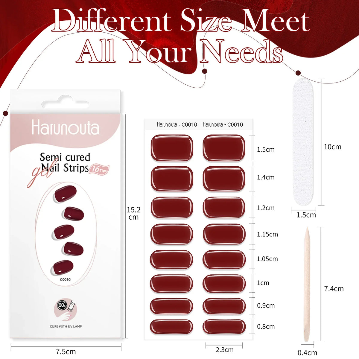 Blushimmer Harunouta 16-strips gradient red marble gel nail strips with gold lines, semi-cured gel polish stickers for DIY nail art.