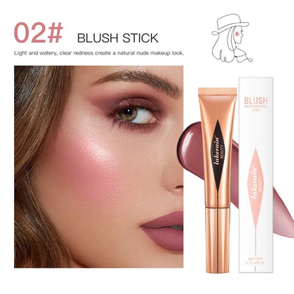 Blushimmer liquid contouring highlighter stick with matte finish, brightening primer, small V-face blush, and nose shadow for contouring