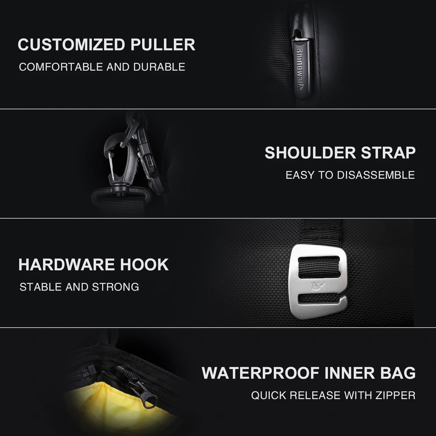 Waterproof Rhinowalk motorcycle saddle bag with 10/20/30L capacity, side luggage, and cycling backpack features in black.