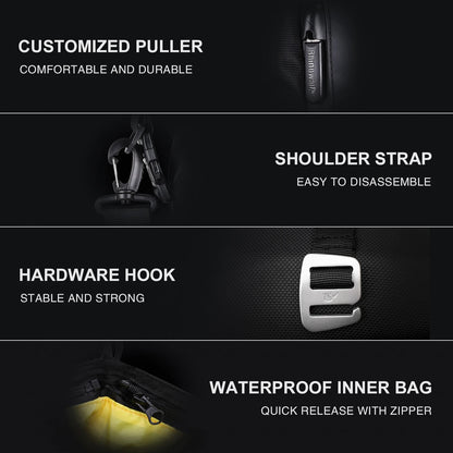 Waterproof Rhinowalk motorcycle saddle bag with 10/20/30L capacity, side luggage, and cycling backpack features in black.
