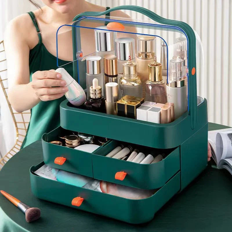 Blushimmer 1pc cosmetics receiving box with dust-proof desktop makeup organizer, featuring a drawer for skincare and household storage.