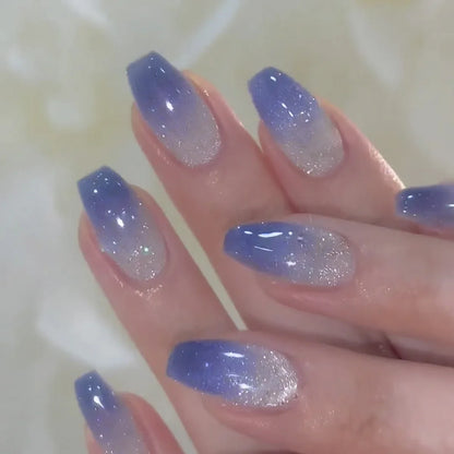 Set of 24 pink and white gradient square fake nails with French press design by Blushimmer, featuring short full cover nail tips with jelly glue.