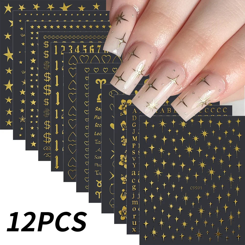 12pcs Blushimmer bronzing laser star nail stickers with 3D alphabet, heart, flower designs for DIY gradient manicure.