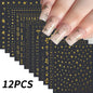 12pcs Blushimmer bronzing laser star nail stickers with 3D alphabet, heart, flower designs for DIY gradient manicure.