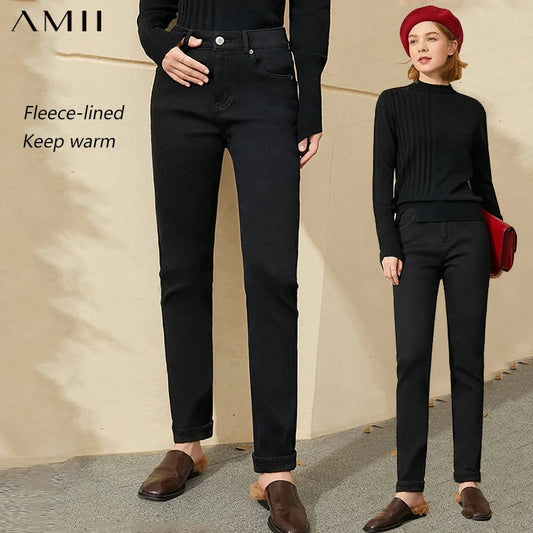 AMII Minimalism Jeans Women 2025 Winter Warm Slim Fashion Casual Trousers Cotton Slight Strech Ankle-Length Pants 12514004
