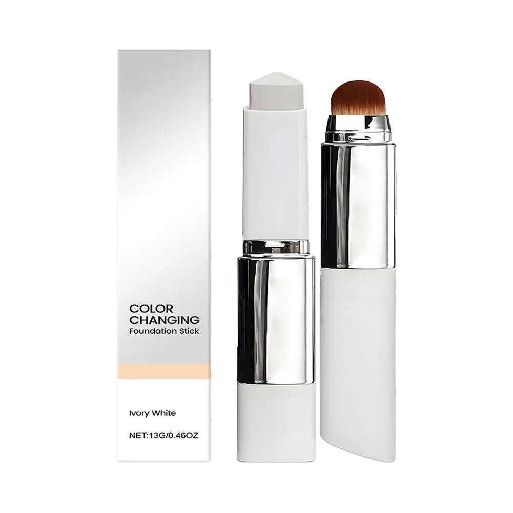 Blushimmer color-changing foundation and brightening concealer stick with dual-head brush for lightweight, moisturizing makeup application.