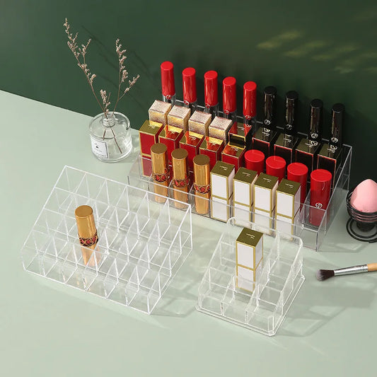 Transparent lipstick storage rack by Blushimmer, plastic desktop organizer for cosmetics and lipstick sorting.