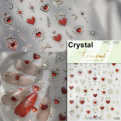Colorful Cat's Eye 5D Gradient European Love Heart Gem nail art stickers with crystal geometric designs for manicure decoration.